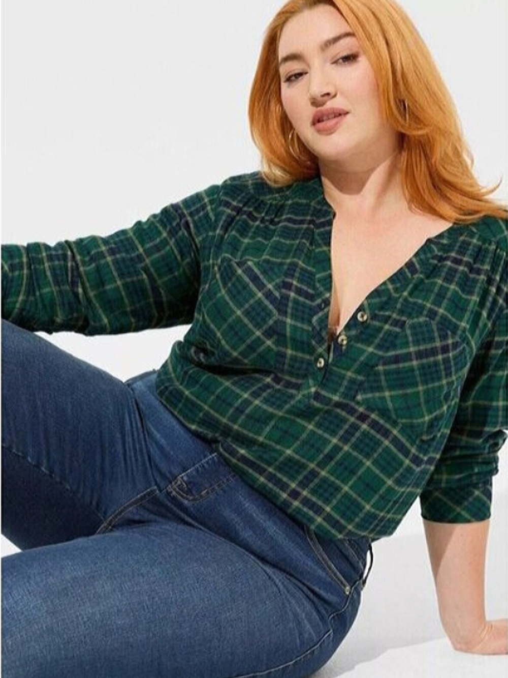torrid Green Plaid Button-Front Henley Top